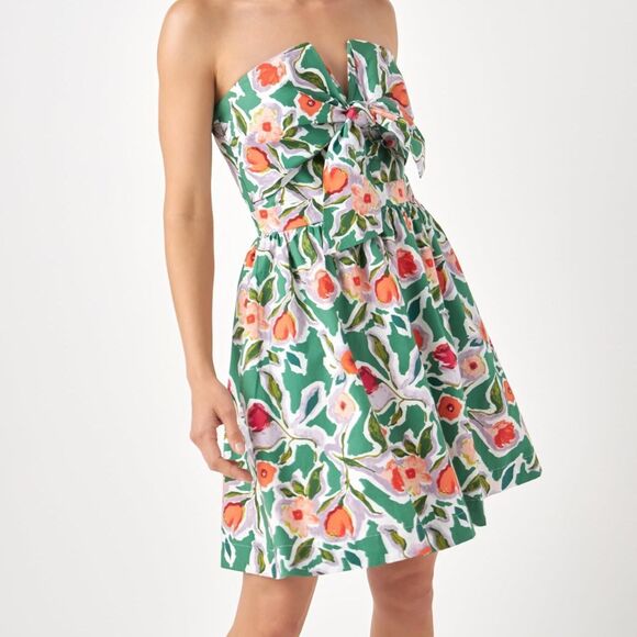 NWT English Factory Coquette Front Tie Green Multi Rose Flower Bustier Dress L - Picture 4 of 8